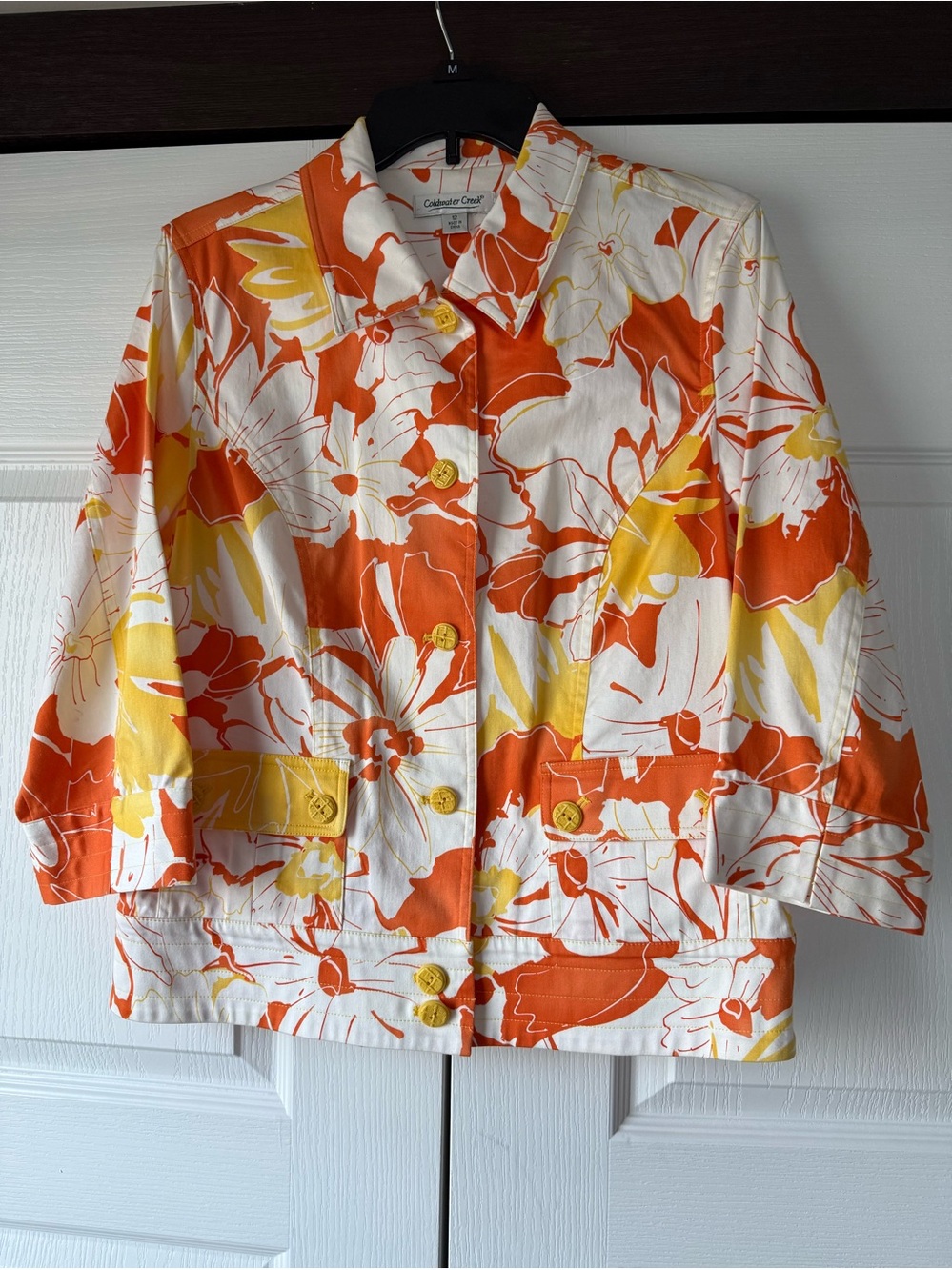 Coldwater Creek Women’s Orange Floral Button Front Jacket Size 12 Tropical